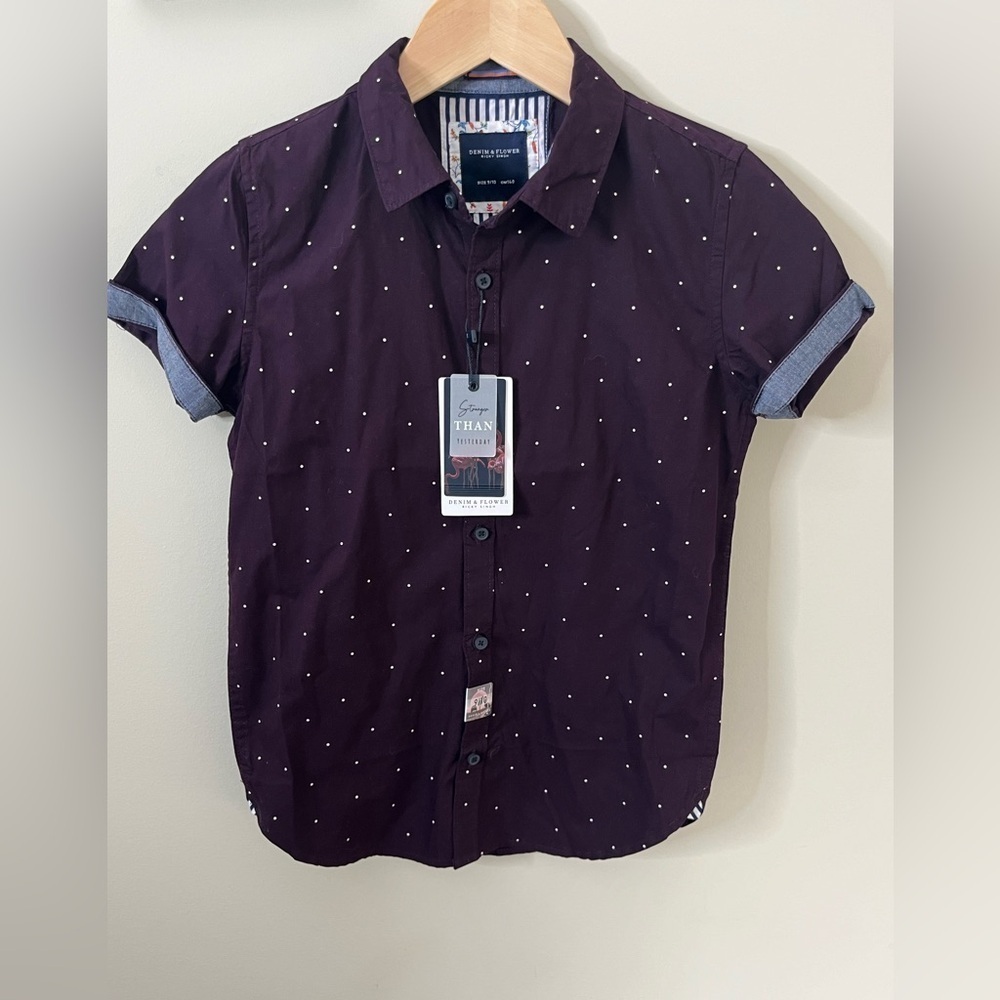 Denim & Flower Purple Polka Dot Short Sleeve Button Up Dresss Shirt New